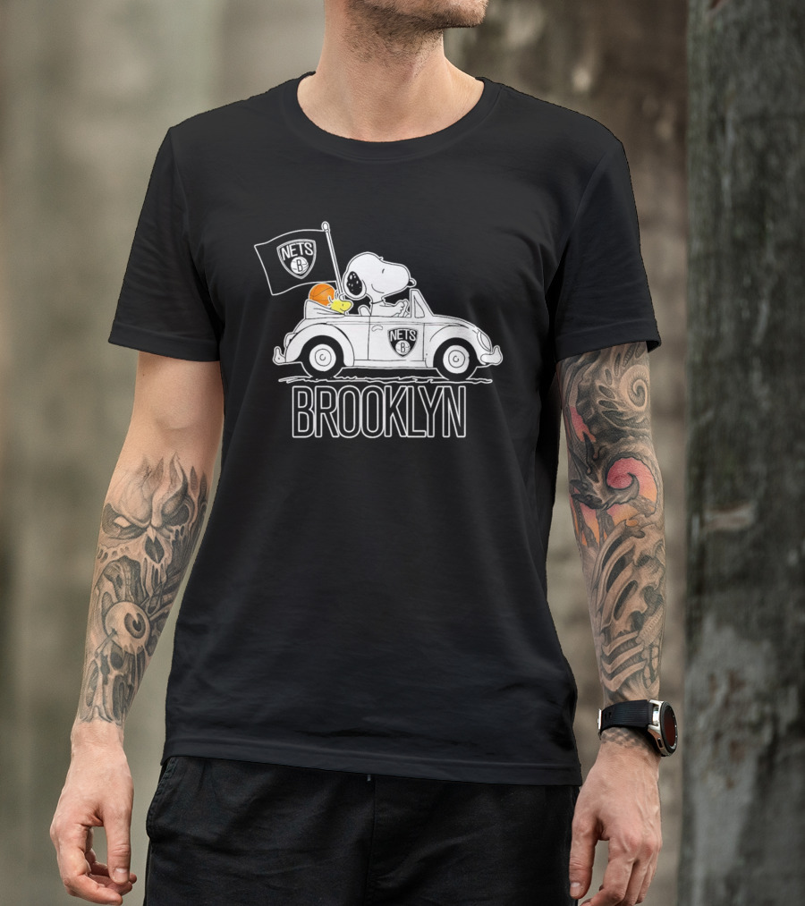 Brooklyn Nets Snoopy Driving Car With Basketball And Flag T-Shirt