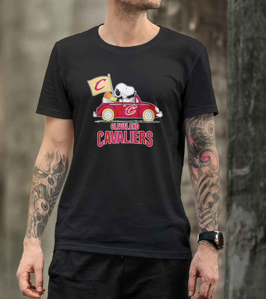Cleveland Cavaliers Snoopy Driving Car With Basketball And Flag T-Shirt