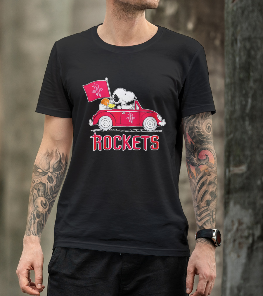 Rockets Snoopy Driving Red Car With Basketball Flag T-Shirt