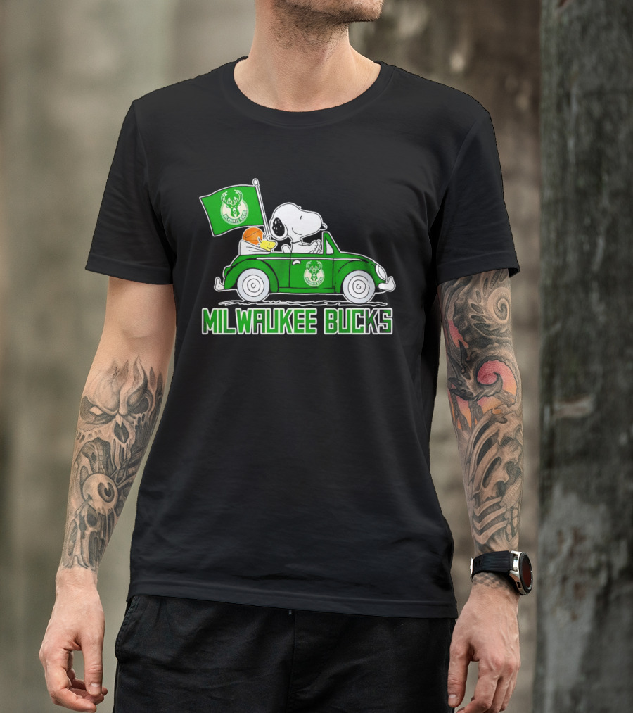 Milwaukee Bucks Snoopy Driving Car With Basketball And Team Flag T-Shirt