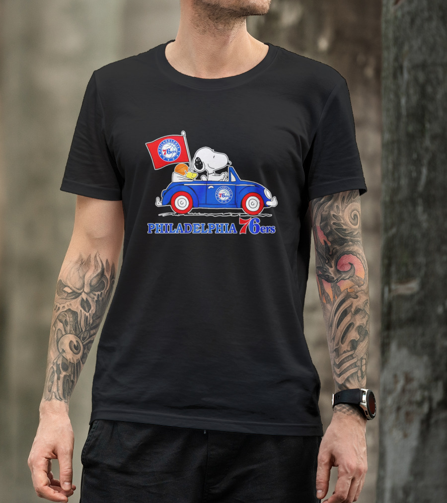 Philadelphia 76ers Snoopy Driving Car With Basketball And Flag T-Shirt