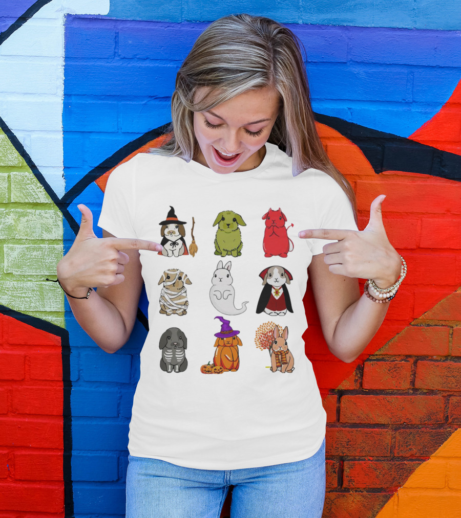 Bunny Witch Mummy Ghost Vampire Skeleton Pumpkin Bat Cute Halloween T-Shirt