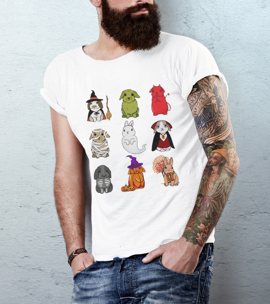 Bunny Witch Mummy Ghost Vampire Skeleton Pumpkin Bat Cute Halloween T-Shirt