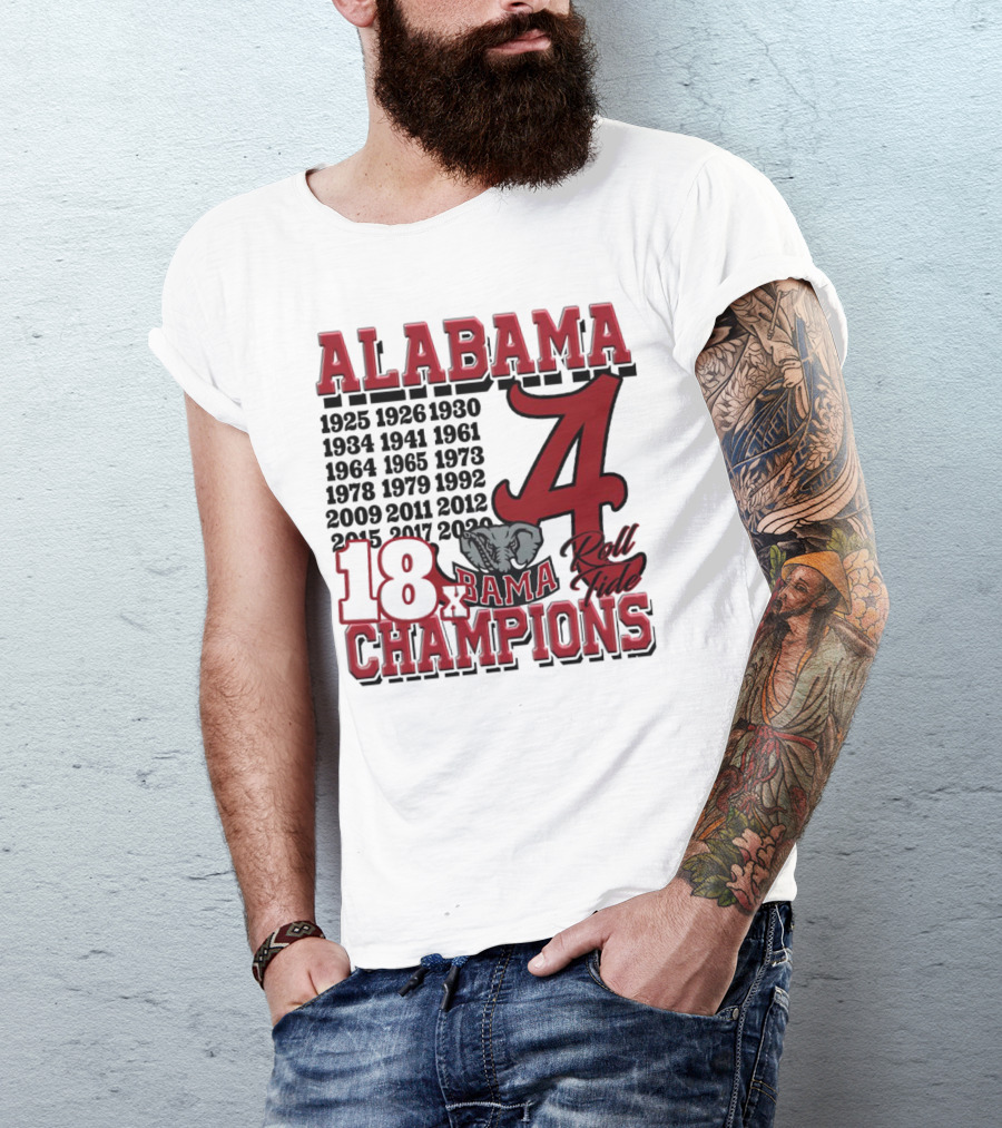 Alabama Crimson Tide Roll Tide 18x Champions Years Elephant T-Shirt