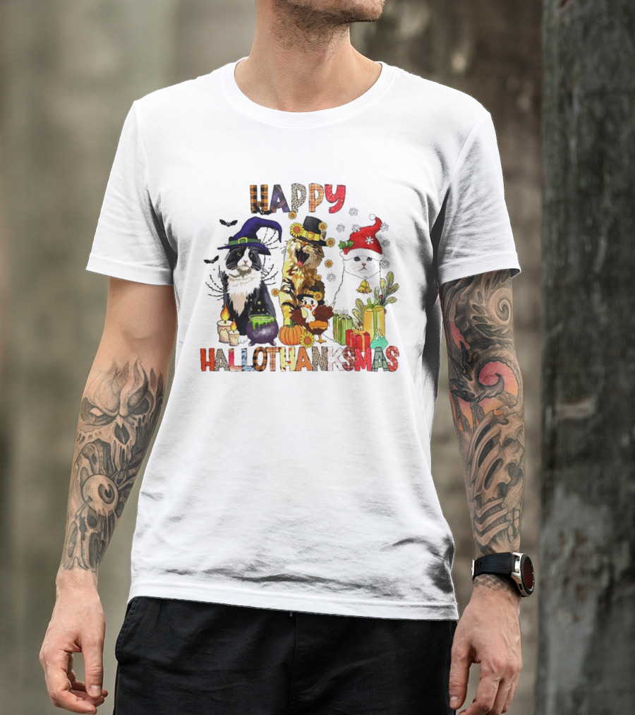 Happy Hallothanksmas Cats In Witch, Pilgrim, And Santa Hats With Pumpkins Presents And Cauldron T-Shirt