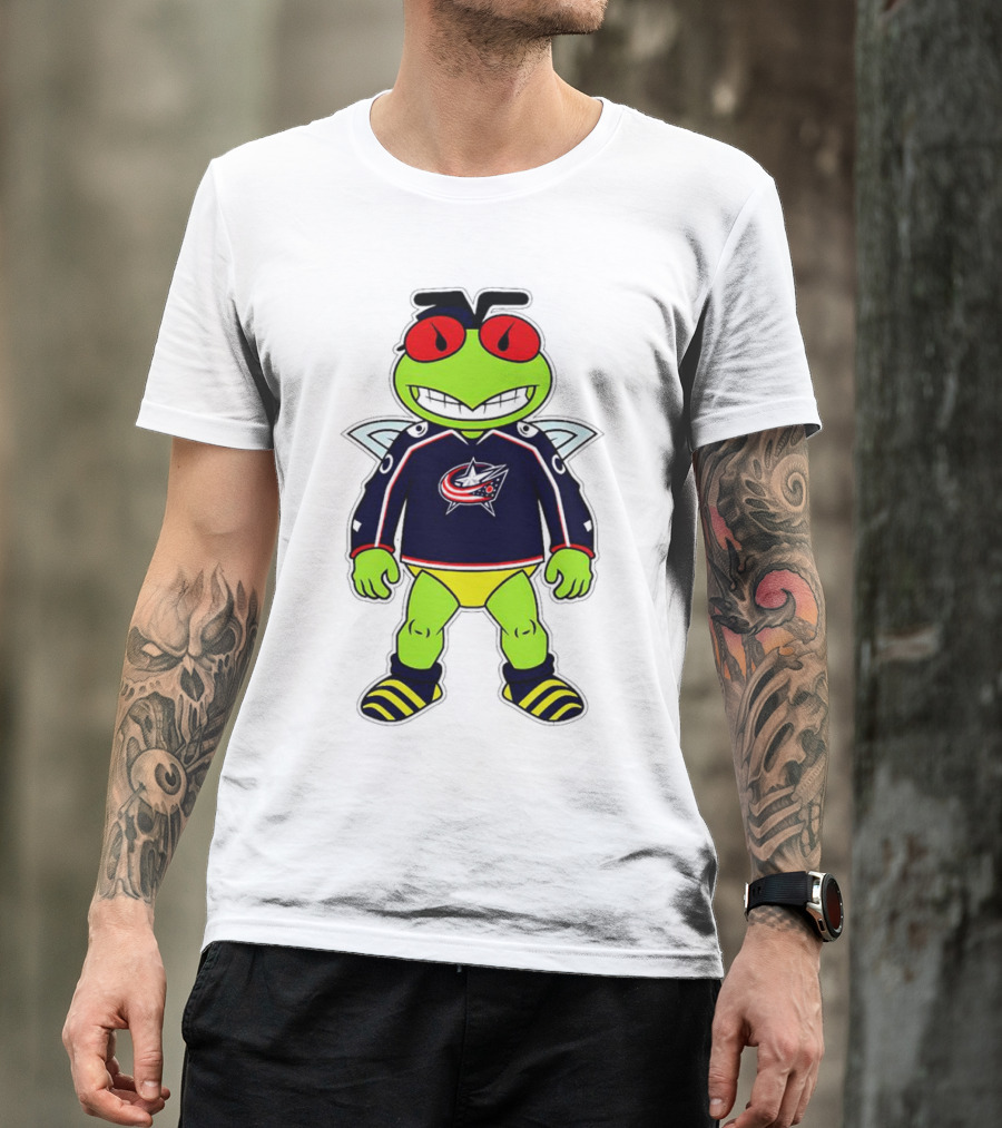 Columbus Blue Jackets Stinger Mascot Character In Team Jersey T-Shirt