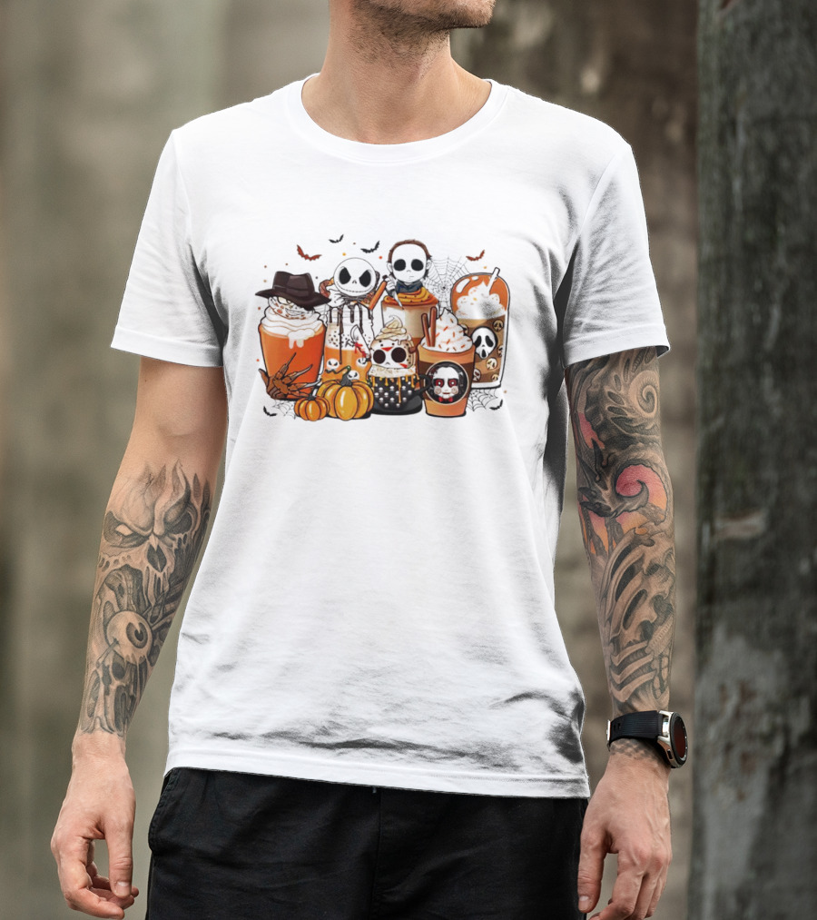 Halloween Cup Horror Funny Character Fall Pumpkin Latte Icons T-Shirt