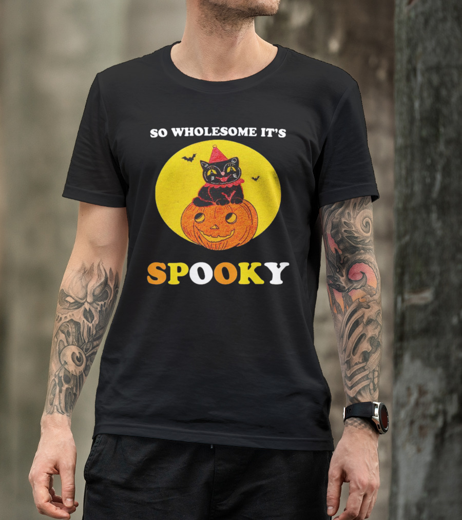 Black Cat On Jack-O'-Lantern With Bats - So Wholesome It's Spooky T-Shirt