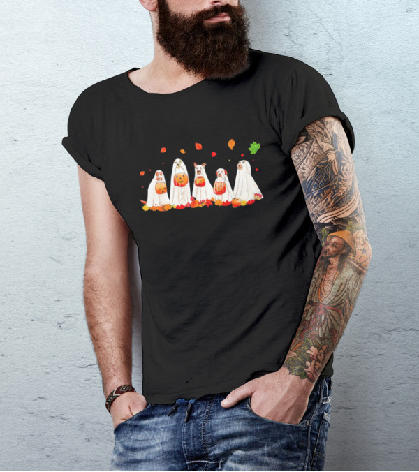 Ghost Dogs Halloween Pumpkin Party With Autumn Leaves T-Shirt