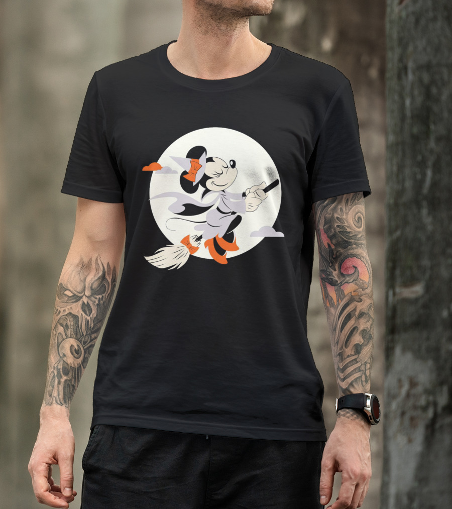 Minnie Mouse Witch Flying On Broomstick Halloween Full Moon T-Shirt