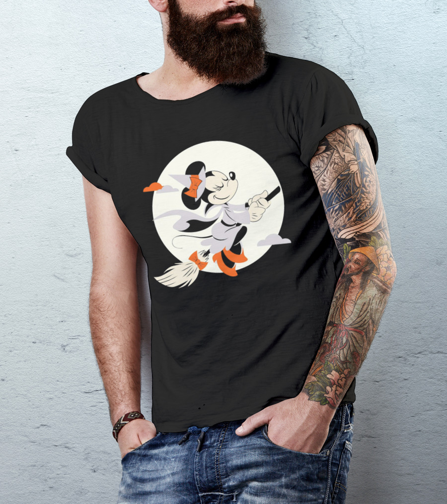 Minnie Mouse Witch Flying On Broomstick Halloween Full Moon T-Shirt