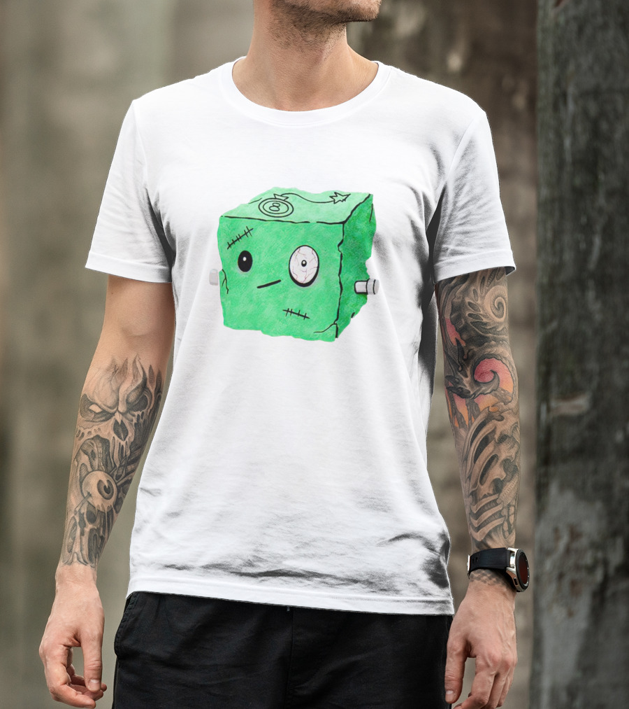 Franken Frankie Eight-Ball Cube Monster Stitched Green Block T-Shirt