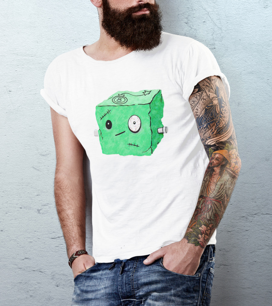 Franken Frankie Eight-Ball Cube Monster Stitched Green Block T-Shirt