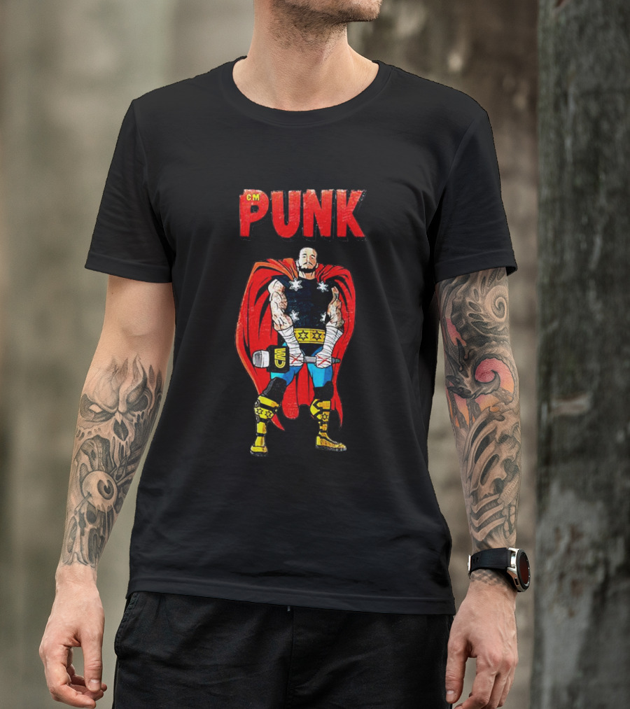 CM Punk Superhero Cape And Thunder Hammer Pose T-Shirt