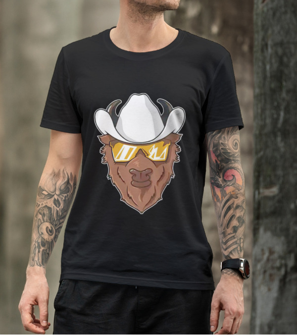 Cartoon Buffalo Wearing Cowboy Hats And Sunglasses T-Shirt
