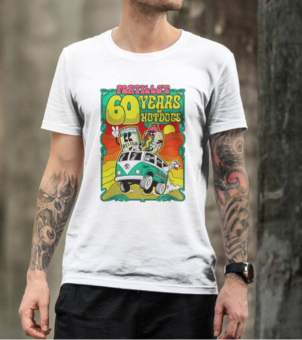 Portillo’s 60 Years Of Hotdogs Relish Relish Road Trip Cartoon Van Adventure T-Shirt