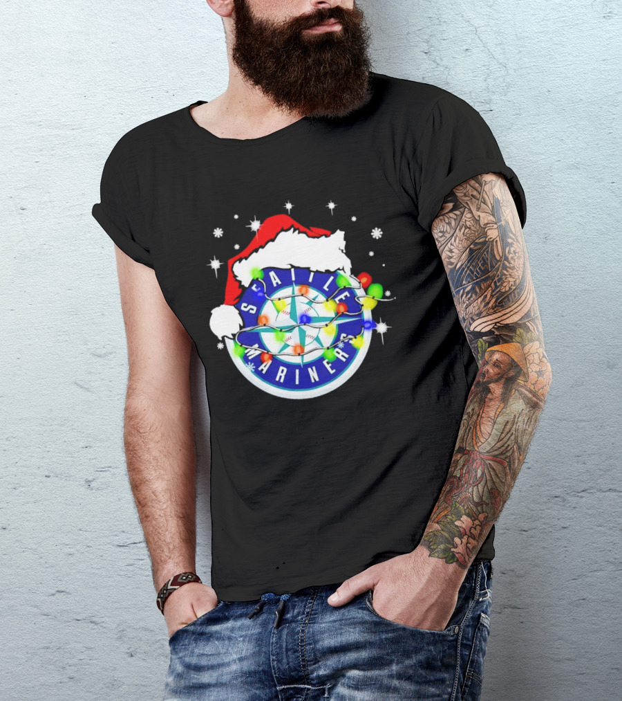 Santa Hat Seattle Mariners Christmas Lights Snowflakes T-Shirt