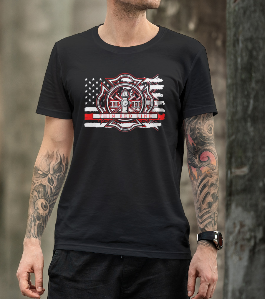 Thin Red Line USA Flag Firefighter Maltese Cross Hydrant T-Shirt