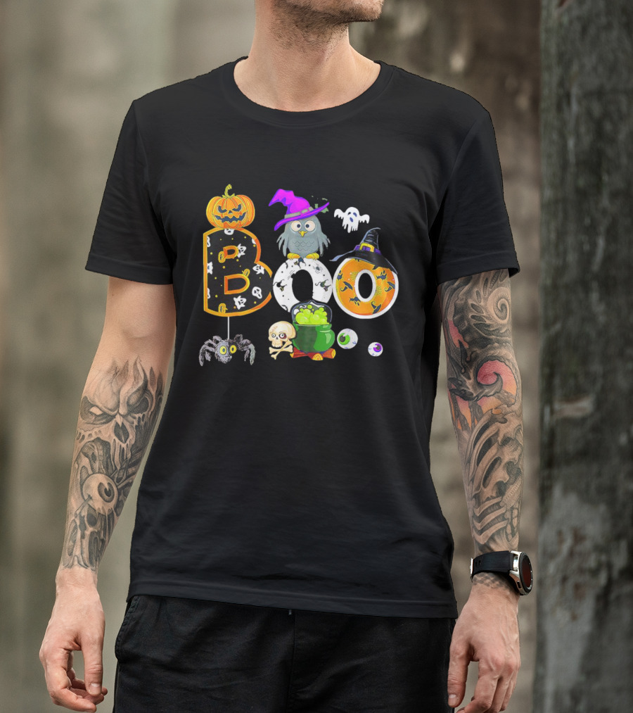 Boo Pumpkin Ghost Skull Owl Spider Witch Hat Cauldron Halloween T-Shirt