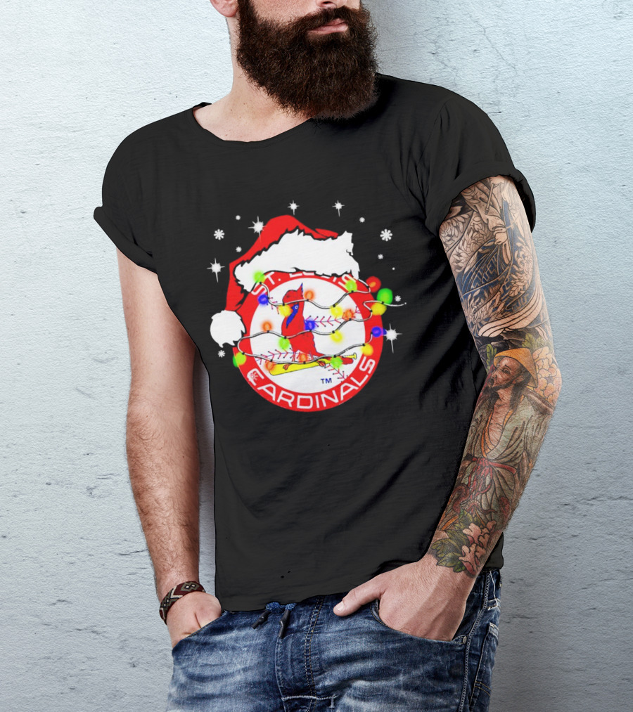 Santa Hat St. Louis Cardinals Christmas Lights Holiday T-Shirt