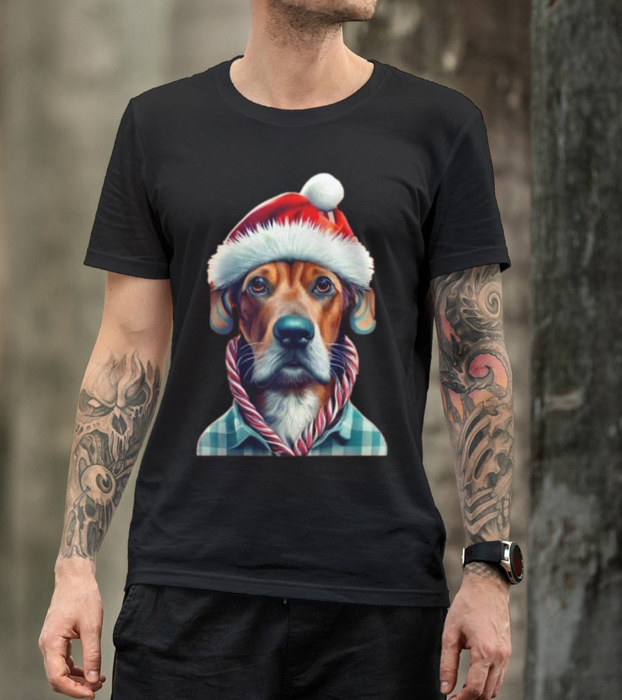 Dog In Santa Hat With Candy Cane Scarf Christmas T-Shirt