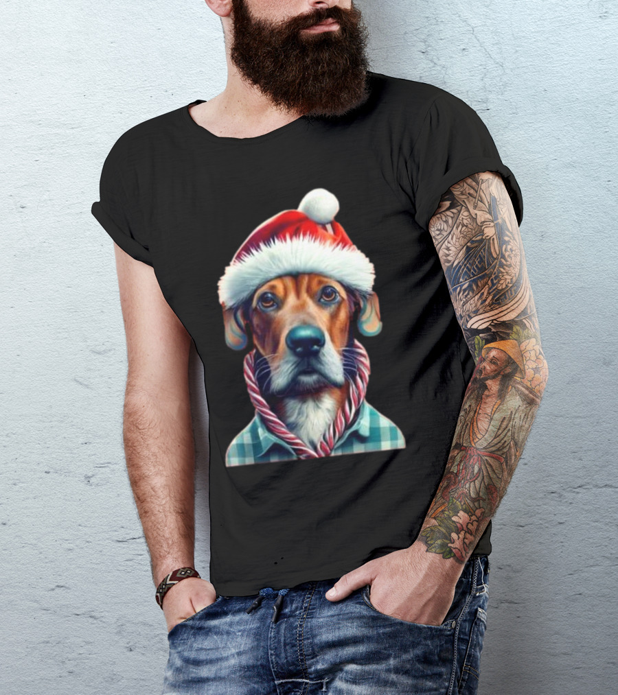 Dog In Santa Hat With Candy Cane Scarf Christmas T-Shirt