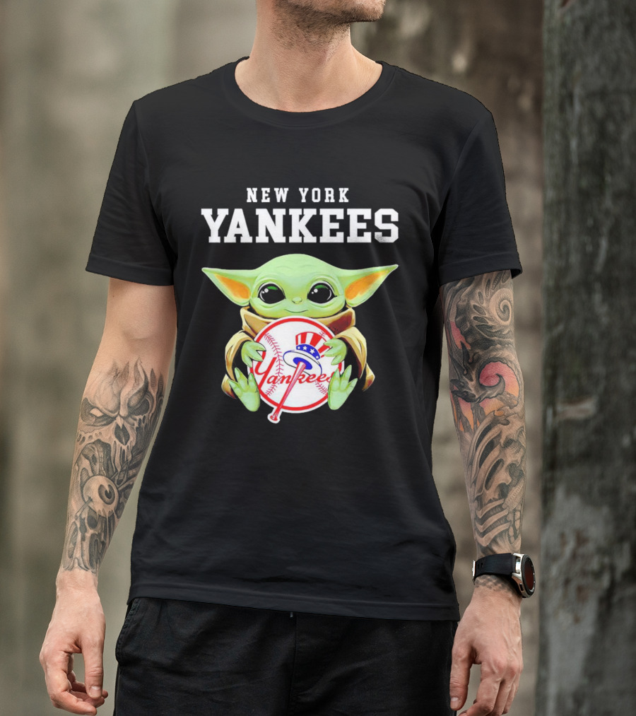 New York Yankees Baby Yoda Holding Team Baseball Emblem T-Shirt