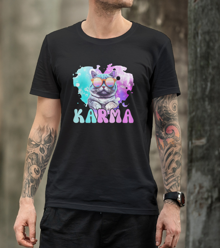 Karma Cat In Sunglasses With Heart-Shaped Watercolor Background T-Shirt