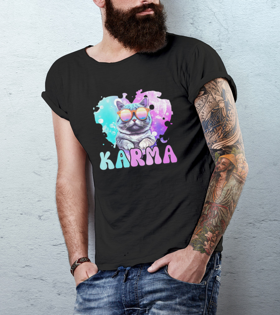 Karma Cat In Sunglasses With Heart-Shaped Watercolor Background T-Shirt