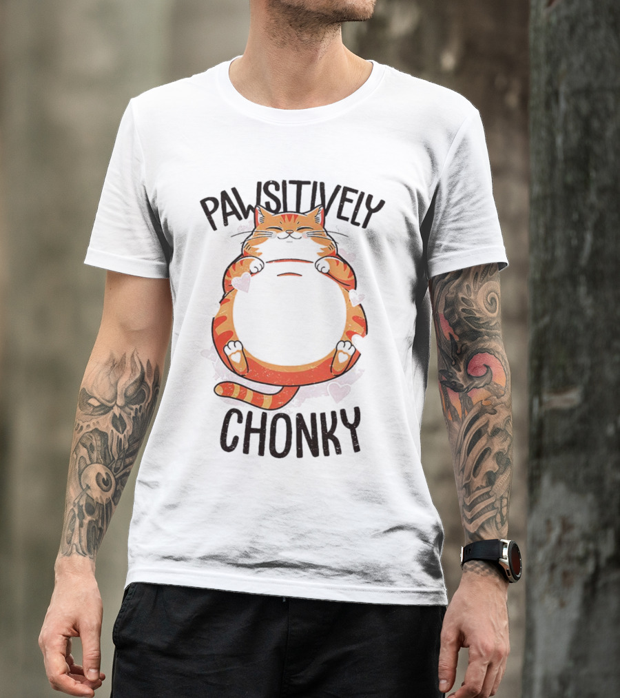 Pawsitively Chonky Cat With Hearts And Smiling Orange Tabby T-Shirt
