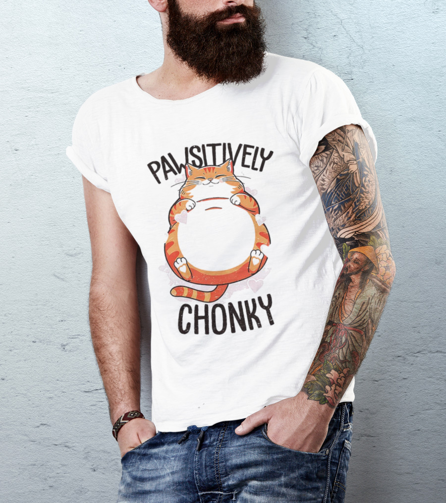 Pawsitively Chonky Cat With Hearts And Smiling Orange Tabby T-Shirt