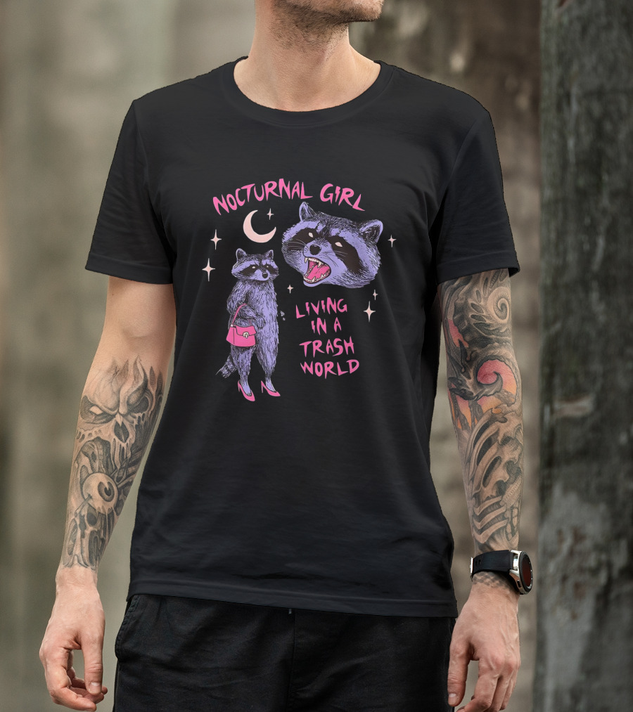 Nocturnal Girl Raccoon Living In A Trash World Under Moon And Stars T-Shirt