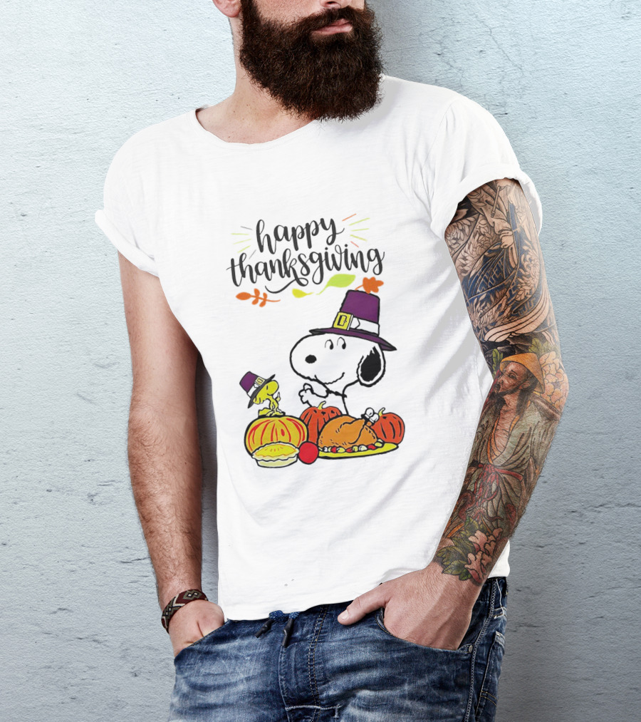 Thanksgiving Snoopy And Woodstock With Pilgrim Hats Feast T-Shirt