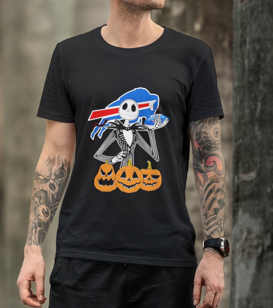 Buffalo Bills Jack Skellington Holding Football Halloween Pumpkins T-Shirt