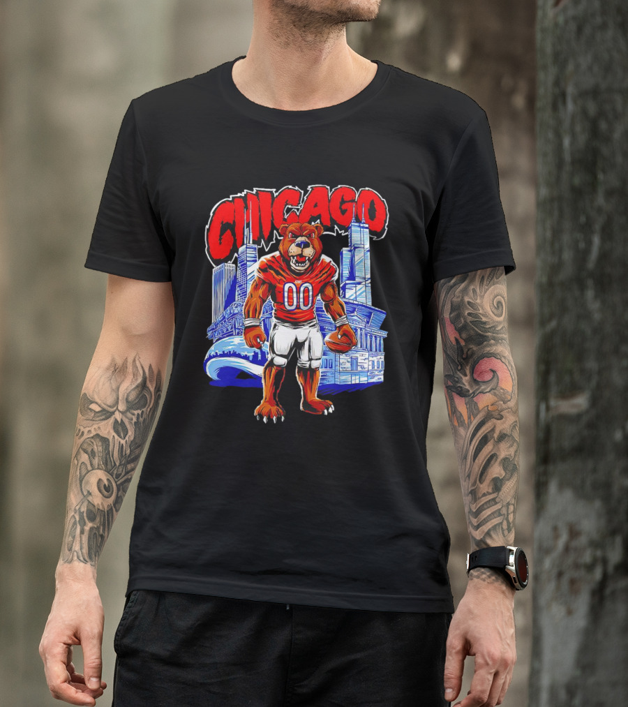 Chicago Bears Mascot Cartoon With City Skyline T-Shirt