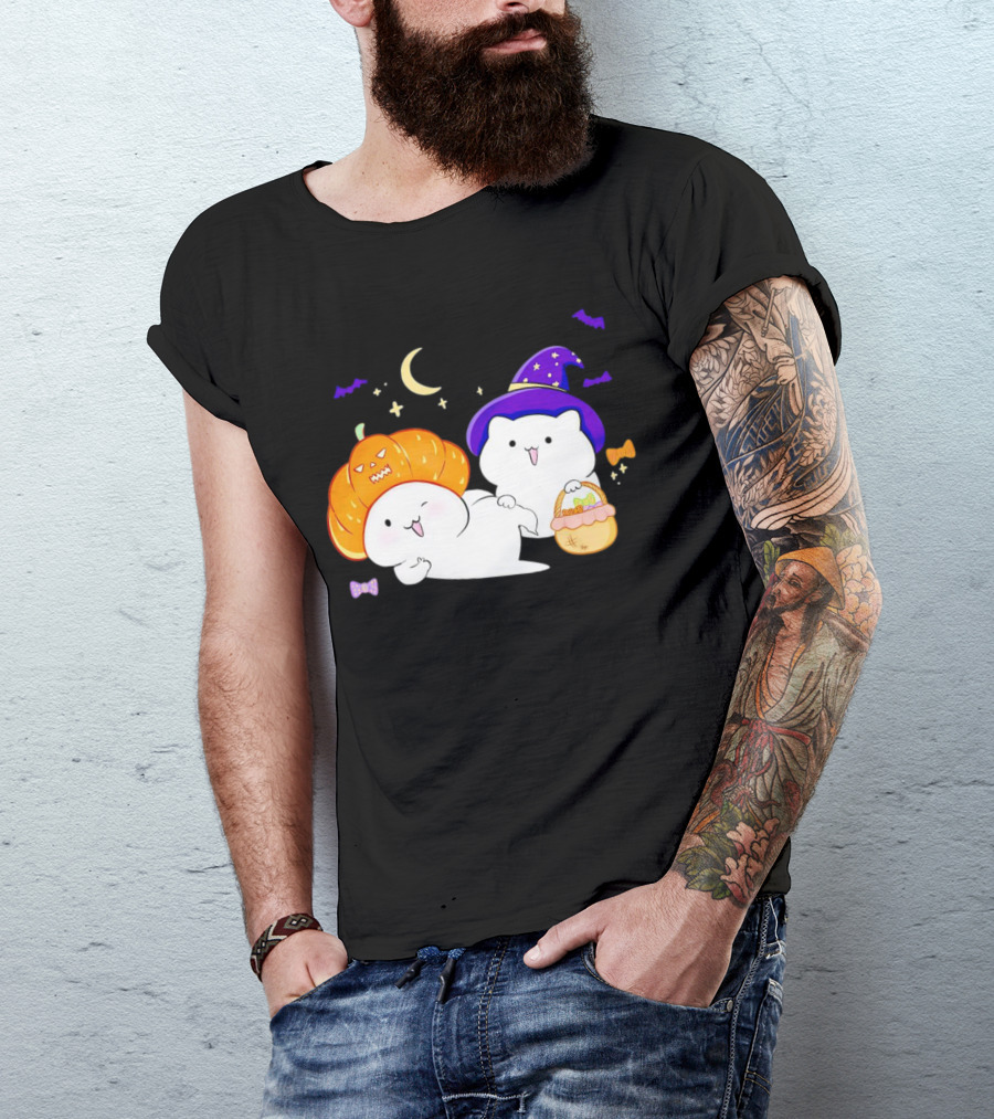 Bongo Cat Meme Halloween Pumpkin Witch Hat Moon Stars Bats T-Shirt