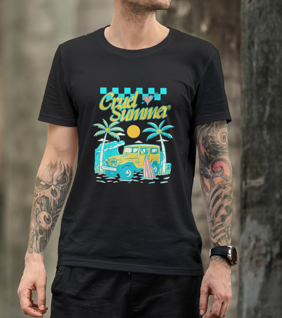 Cruel Summer Beach Vintage Jeep Palm Trees Retro Sun Wave Heart T-Shirt