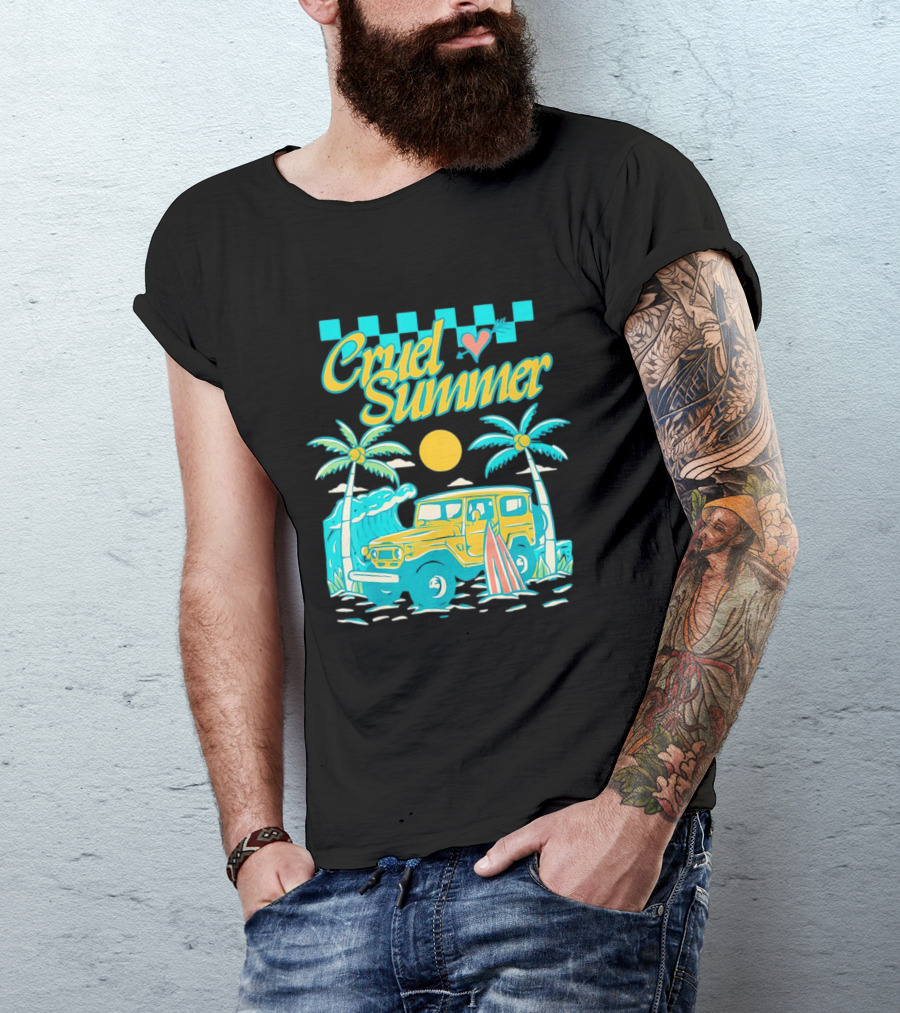 Cruel Summer Beach Vintage Jeep Palm Trees Retro Sun Wave Heart T-Shirt