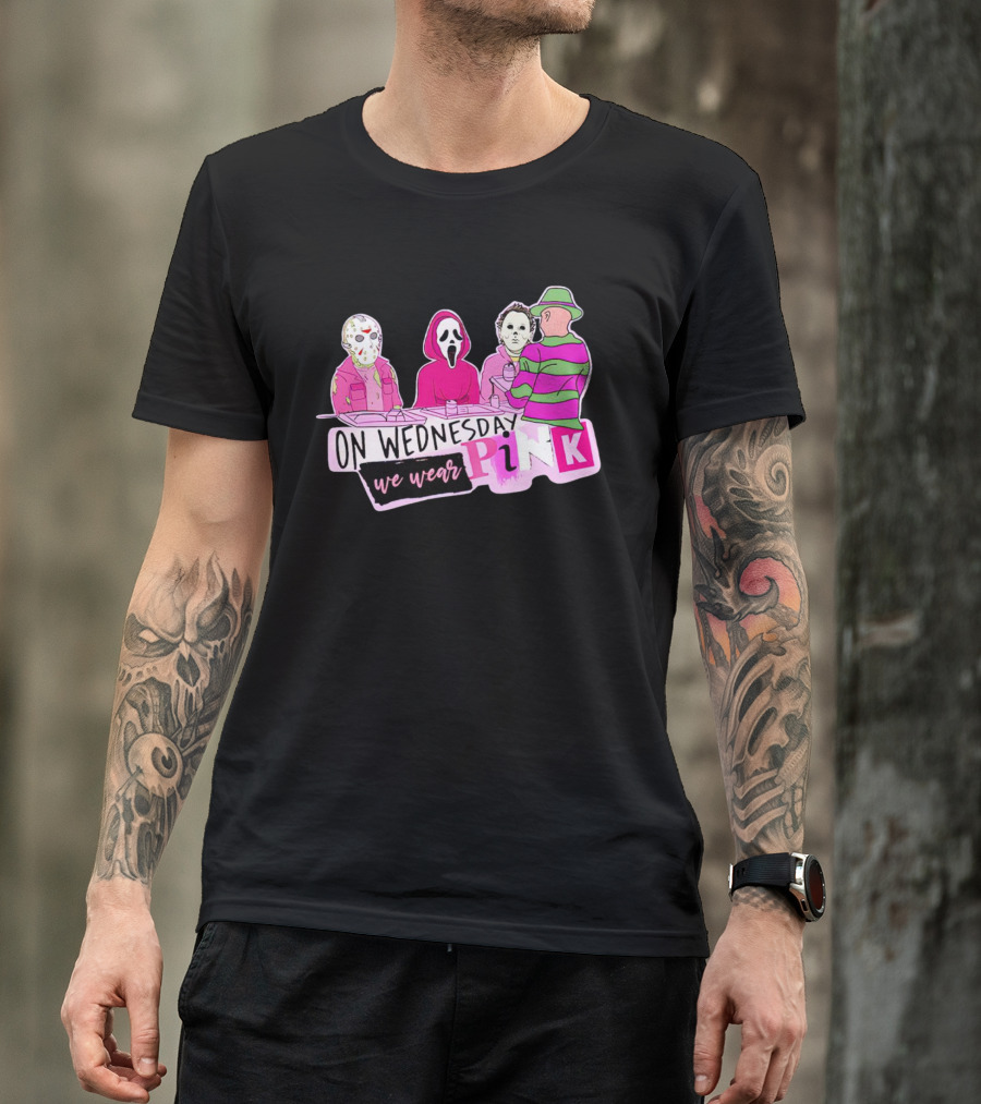 On Wednesdays We Wear Pink Horror Movie Characters Halloween Dinner Scene T-Shirt