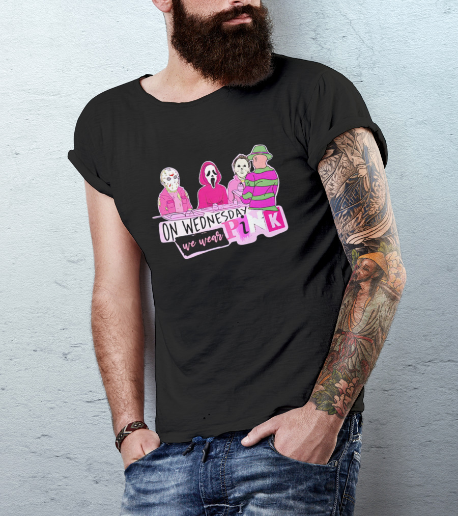 On Wednesdays We Wear Pink Horror Movie Characters Halloween Dinner Scene T-Shirt