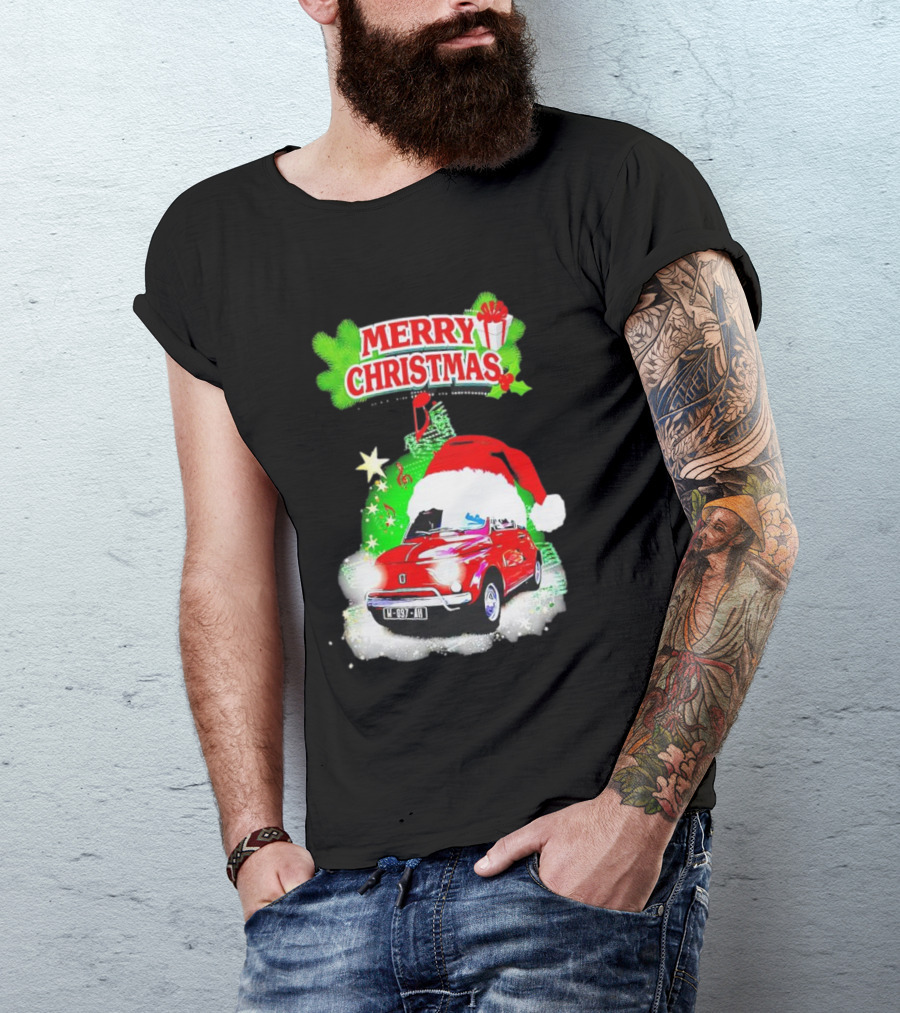 Merry Christmas Red Fiat 500 With Santa Hat And Green Background T-Shirt