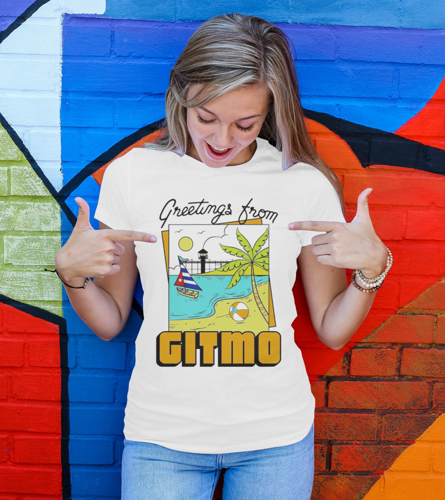Greetings From Gitmo Beach Scene With Sailboat And Palm Tree T-Shirt