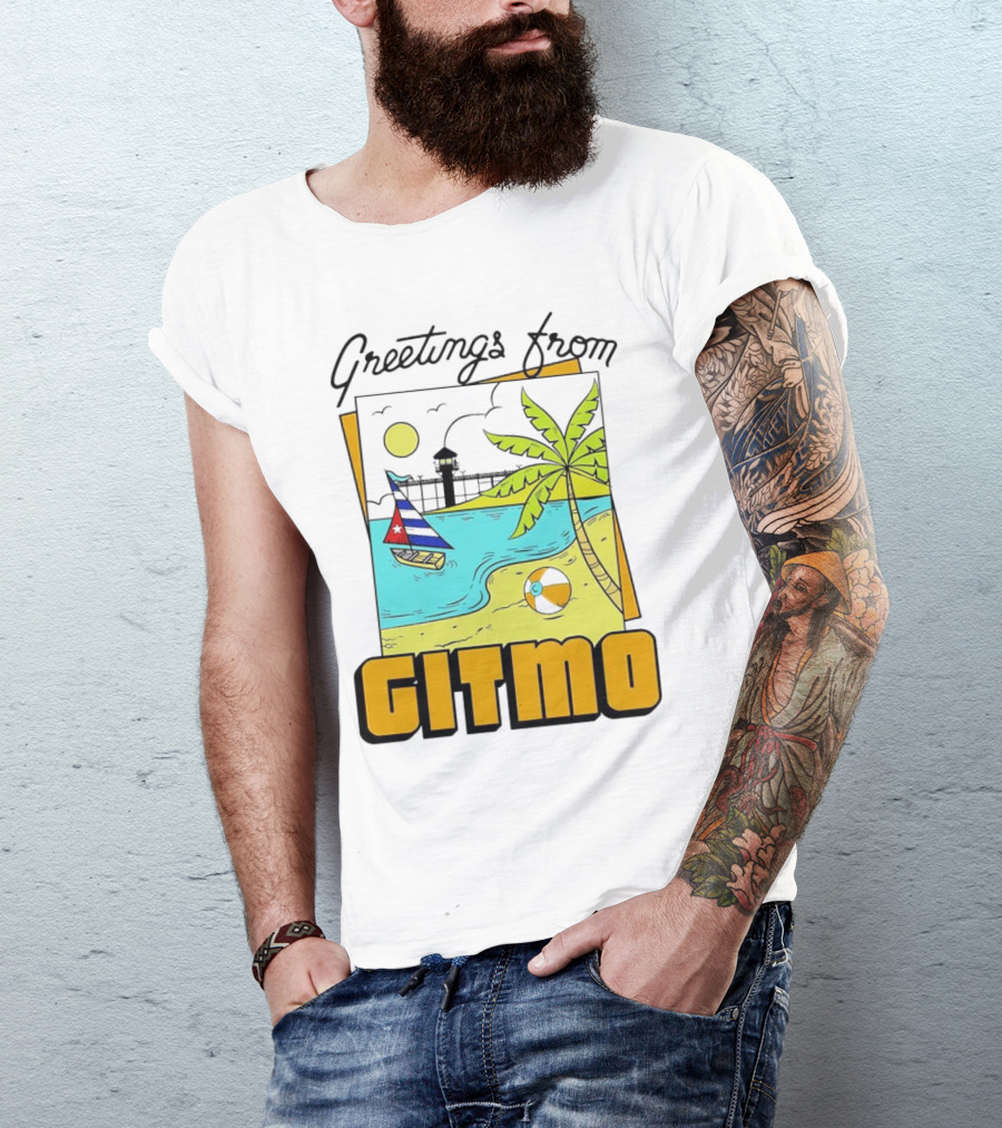 Greetings From Gitmo Beach Scene With Sailboat And Palm Tree T-Shirt