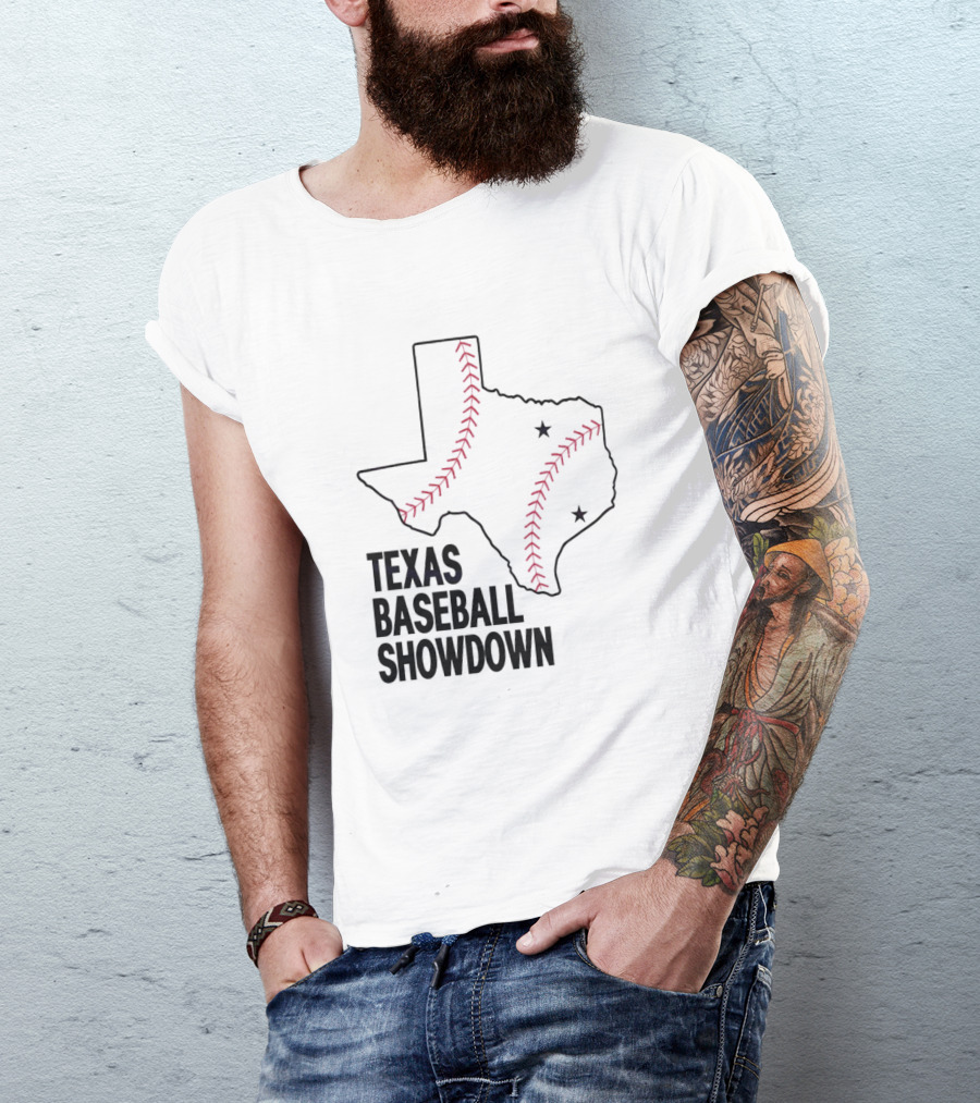 Texas Baseball Showdown Texas Map Stitching Stars T-Shirt