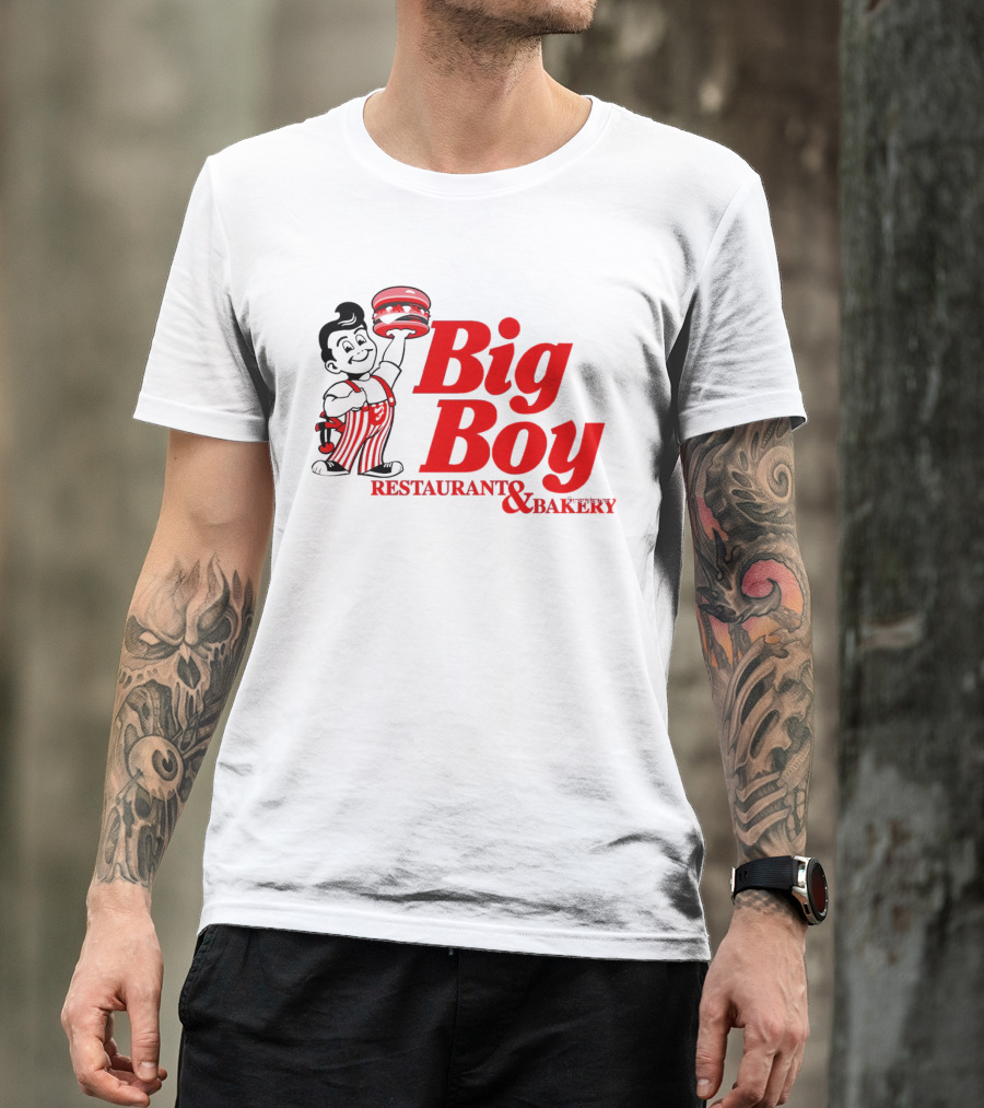 Big Boy Restaurant And Bakery Logo - Iconic Red Text With Burger Mascot T-Shirt