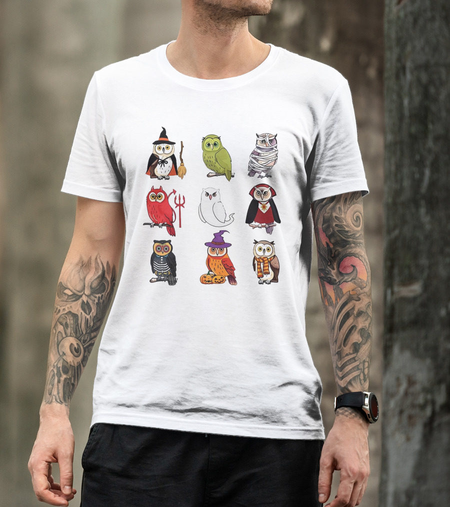 Cute Owls Halloween Witch Mummy Devil Skeleton Vampire Pumpkin Scarf T-Shirt