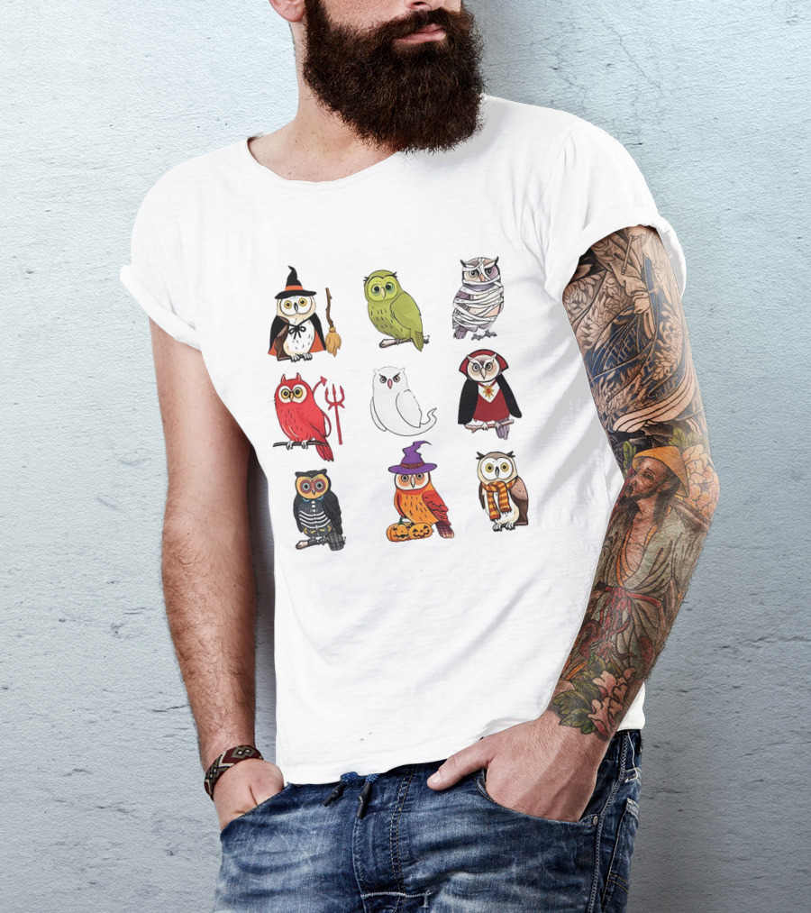 Cute Owls Halloween Witch Mummy Devil Skeleton Vampire Pumpkin Scarf T-Shirt