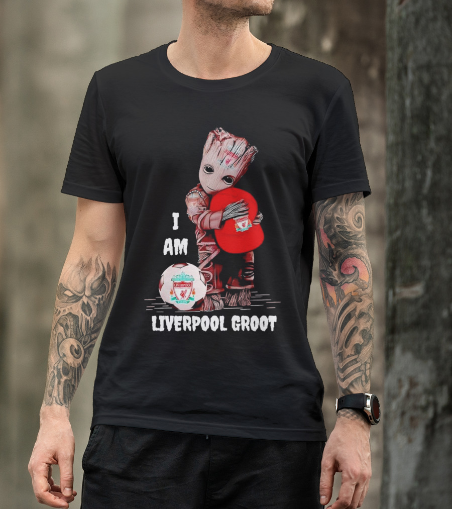 I Am Liverpool Groot Soccer Team Fan Character Holding Cap And Ball T-Shirt