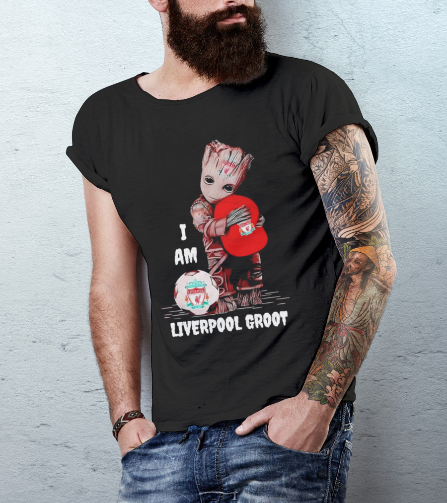 I Am Liverpool Groot Soccer Team Fan Character Holding Cap And Ball T-Shirt