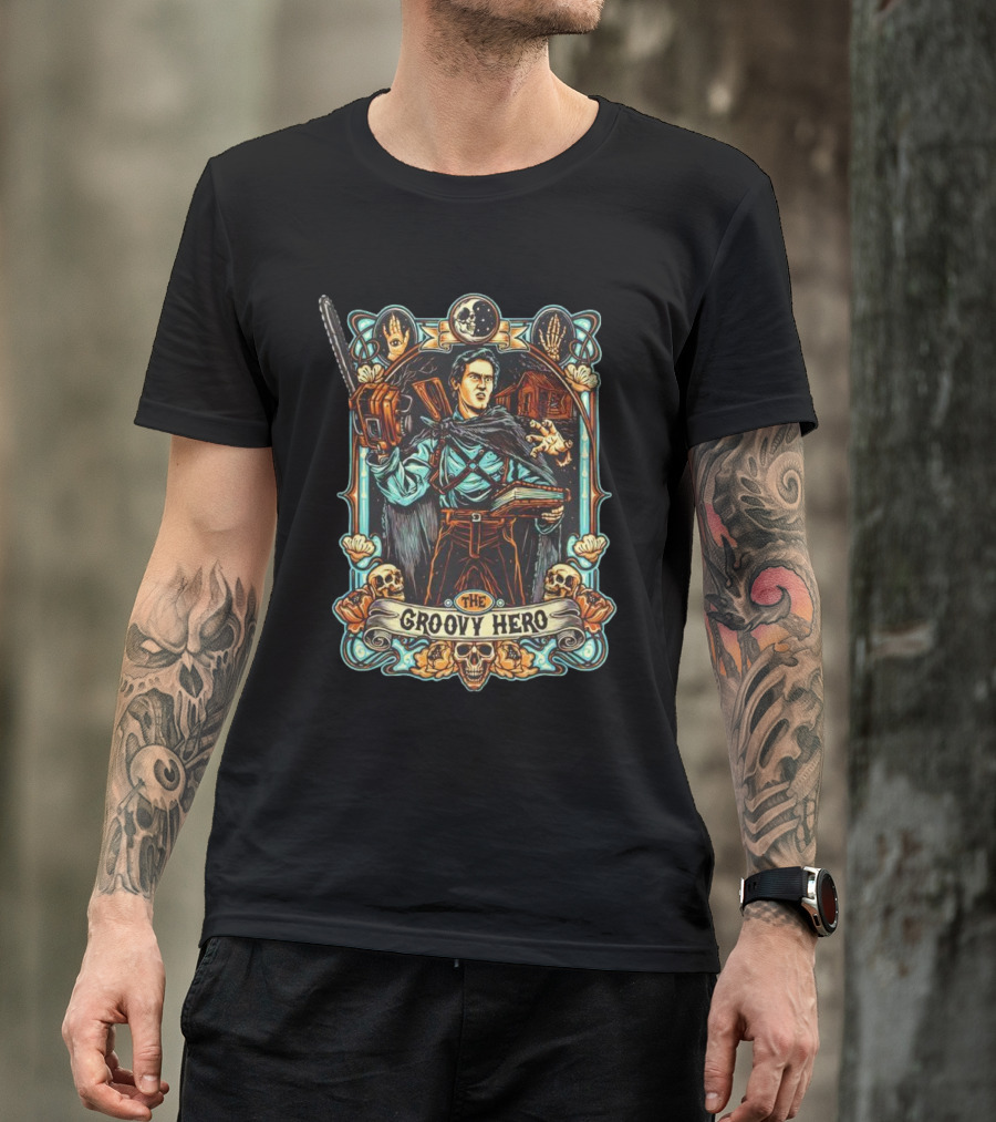 The Groovy Hero Chainsaw Warrior Moon Necronomicon Skulls T-Shirt